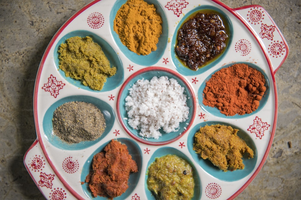 a plate with a variety of spices on it