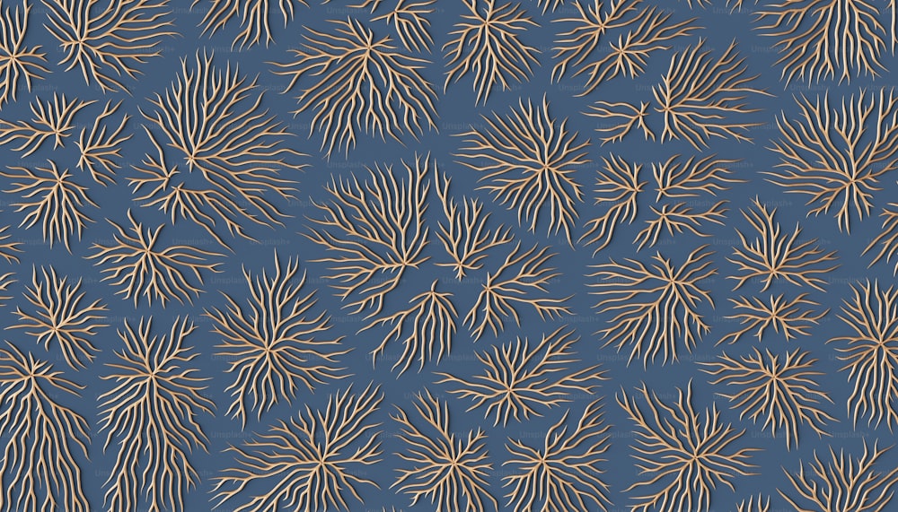 a blue background with gold leaves on it