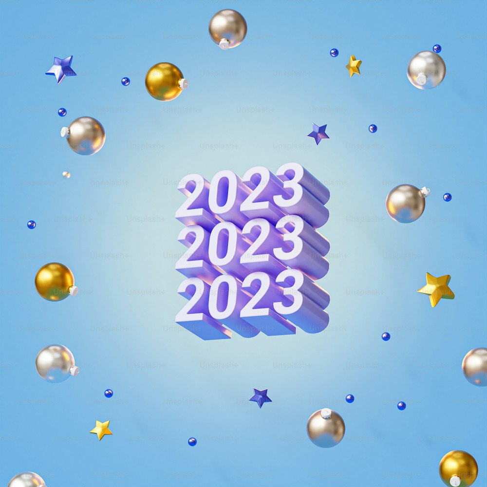 a blue background with gold and silver balloons and stars