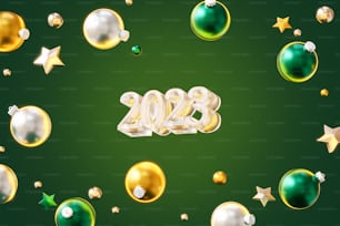 a green background with gold and silver ornaments