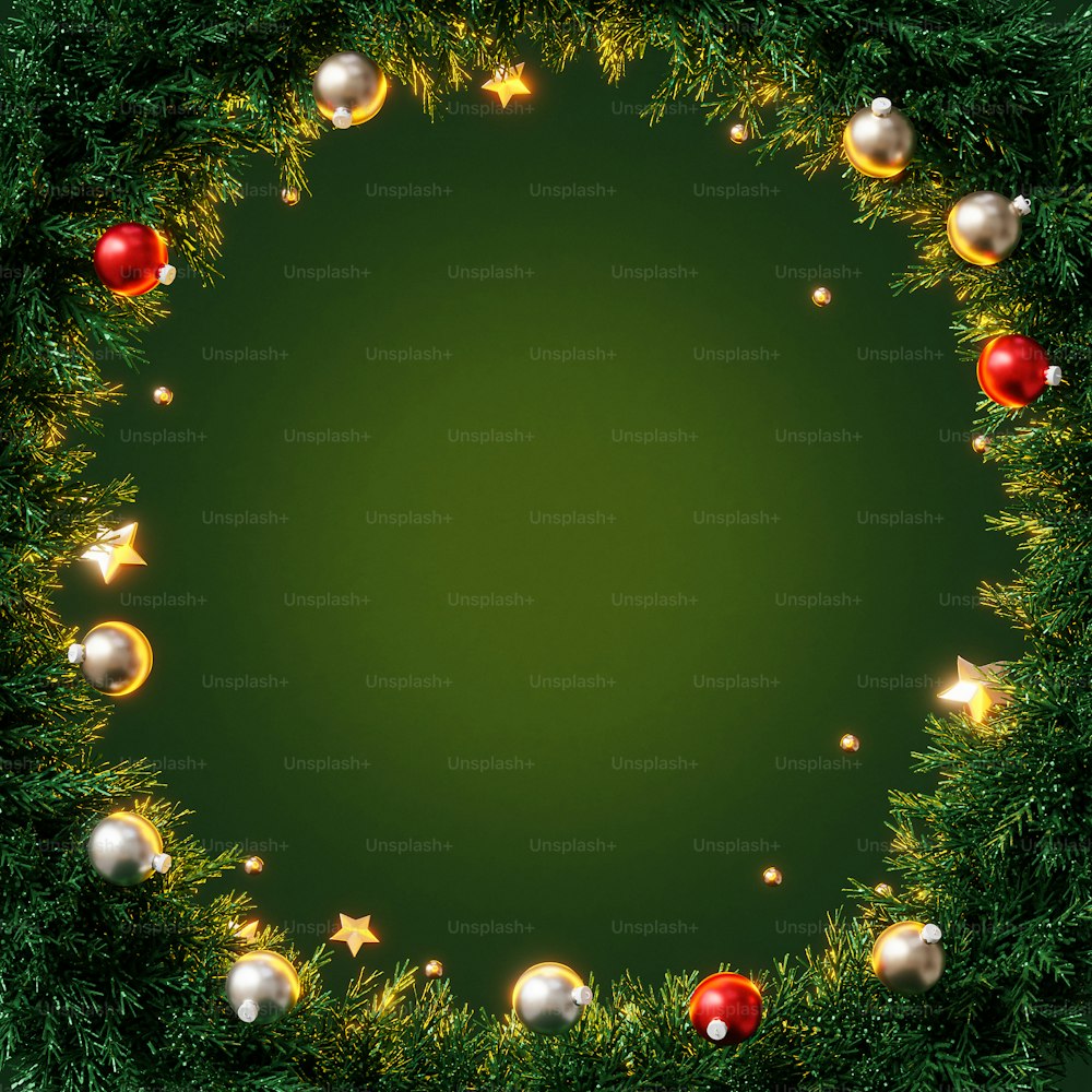 크리스마스 장식품과 별이 있는 녹색 배경
