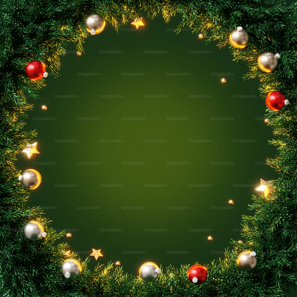 a green background with christmas ornaments and stars