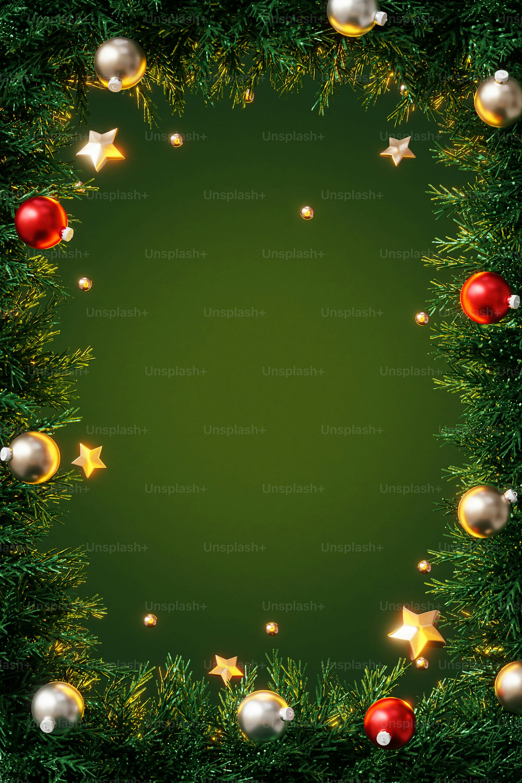 a green background with christmas ornaments and stars