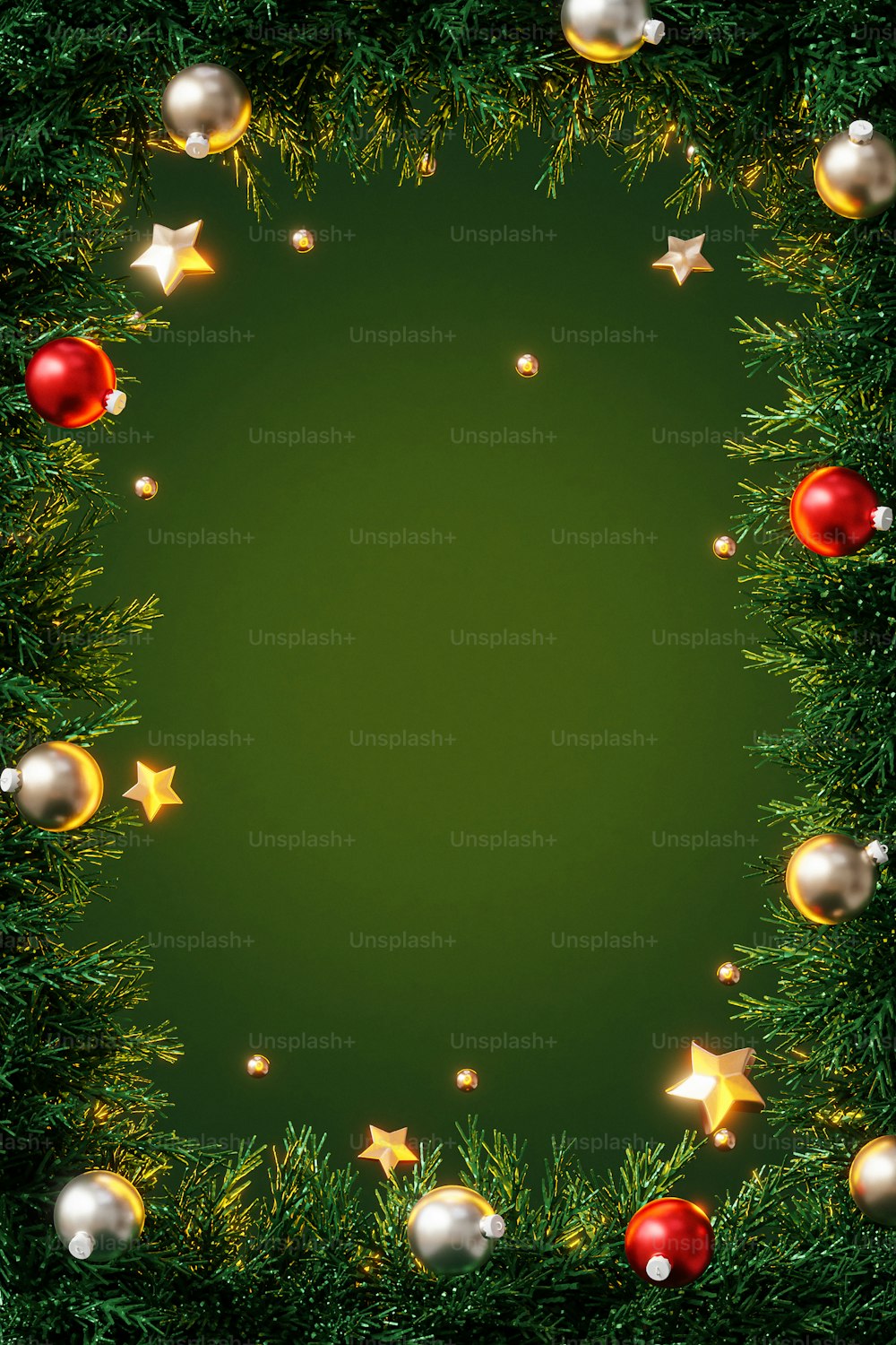 Um fundo verde com ornamentos de Natal e estrelas