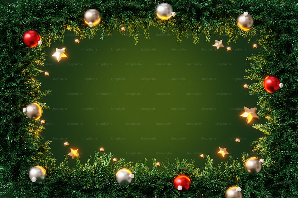 Um fundo verde com decorações e estrelas de Natal