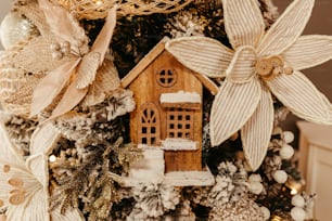 a close up of a christmas tree with a house