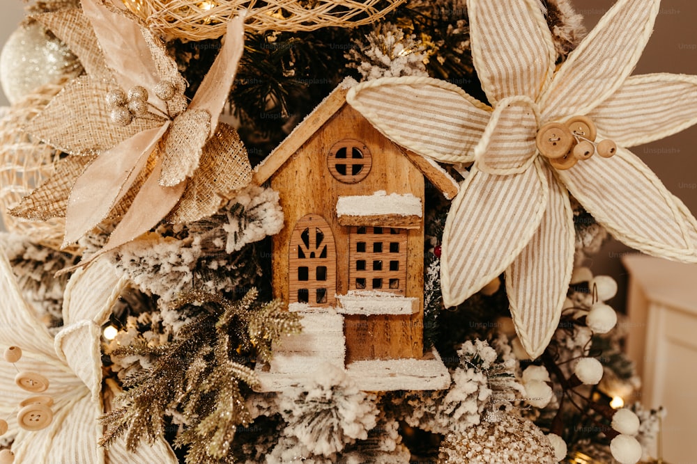 a close up of a christmas tree with a house