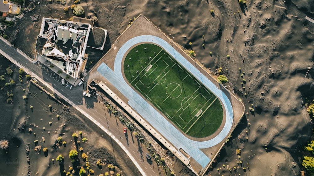 an aerial view of a soccer field