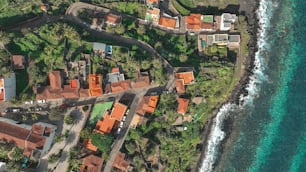 an aerial view of a small village by the ocean