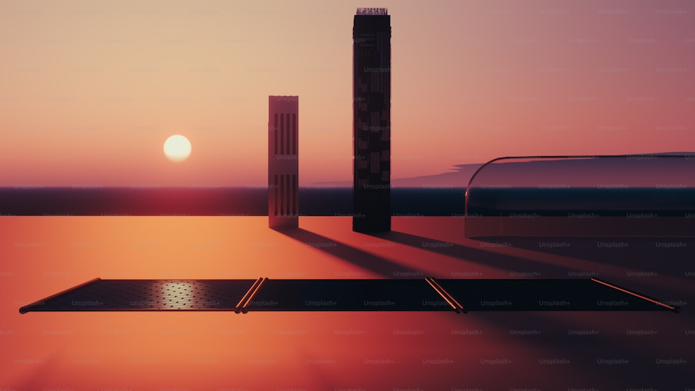 a computer generated image of a building with a sunset in the background