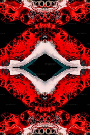 a red and white abstract design with a black background