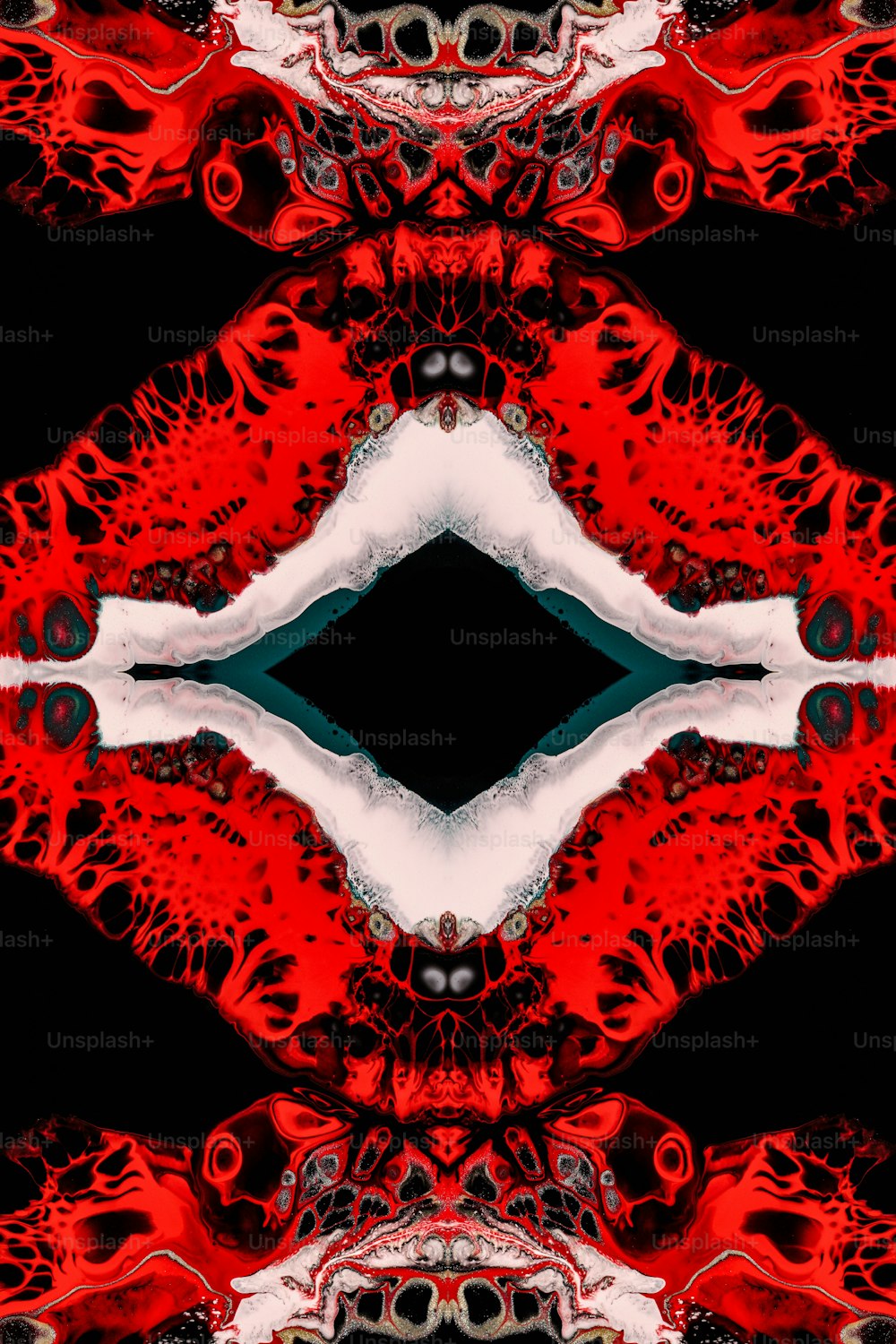a red and white abstract design with a black background