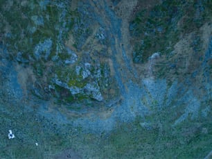 an aerial view of a river running through a forest