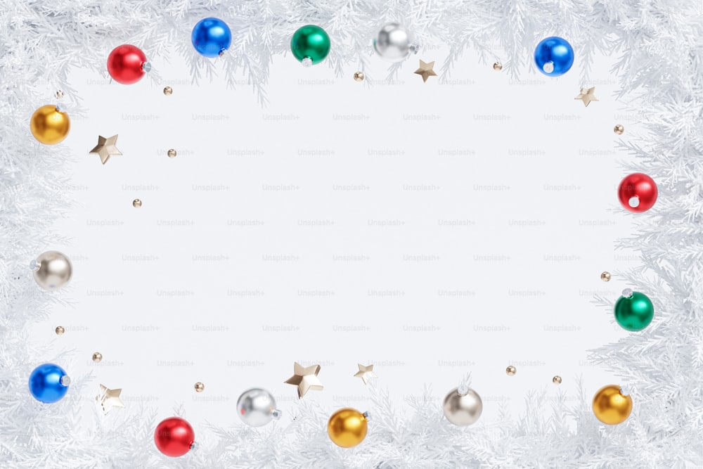 Un fond blanc avec des boules de Noël et des étoiles