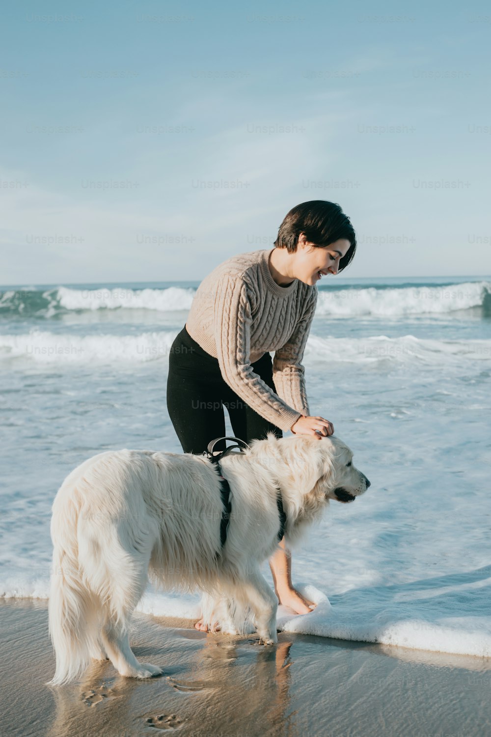 Uma mulher está brincando com seu cachorro na praia