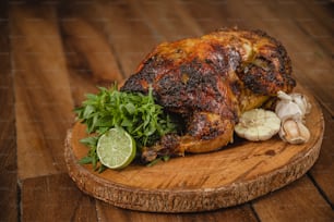 a whole chicken on a cutting board with herbs and garlic