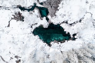 a large body of water surrounded by snow