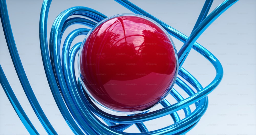 Una bola roja está rodeada de cables azules