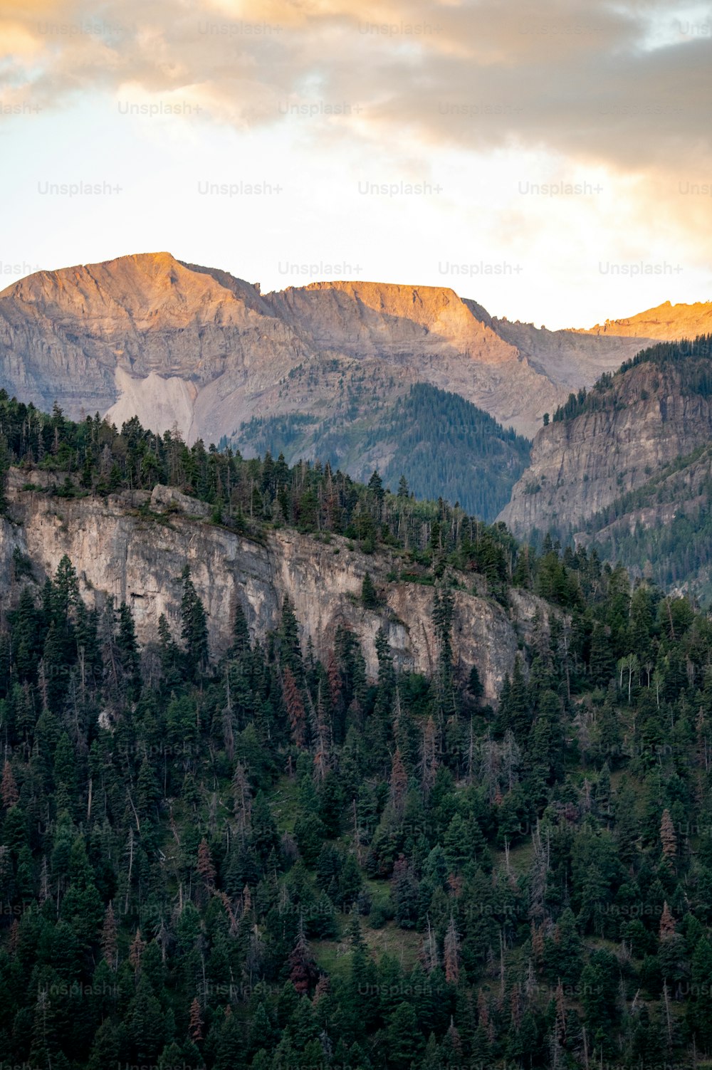 a view of a mountain range with trees and mountains in the background