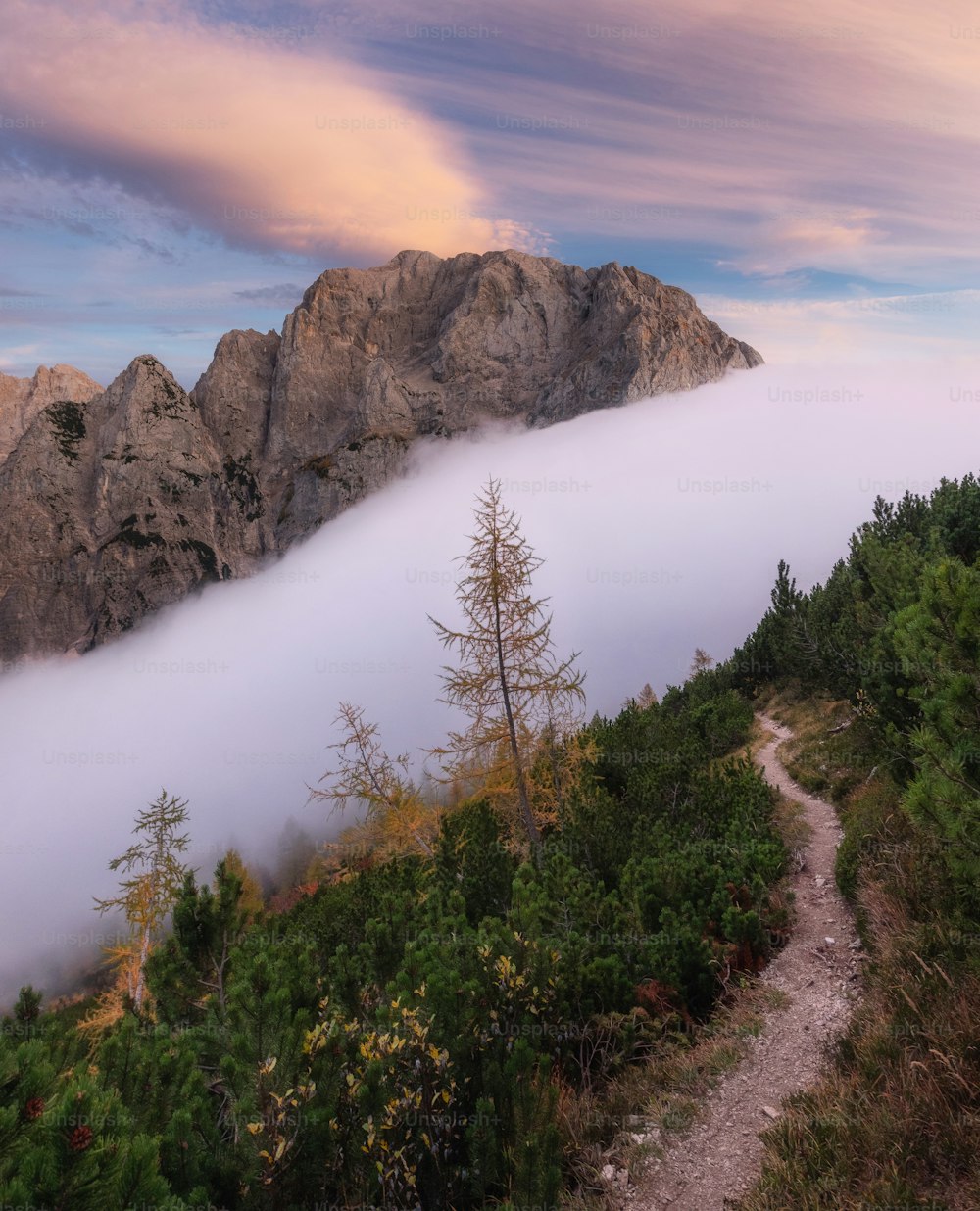 a path leading to a mountain covered in clouds