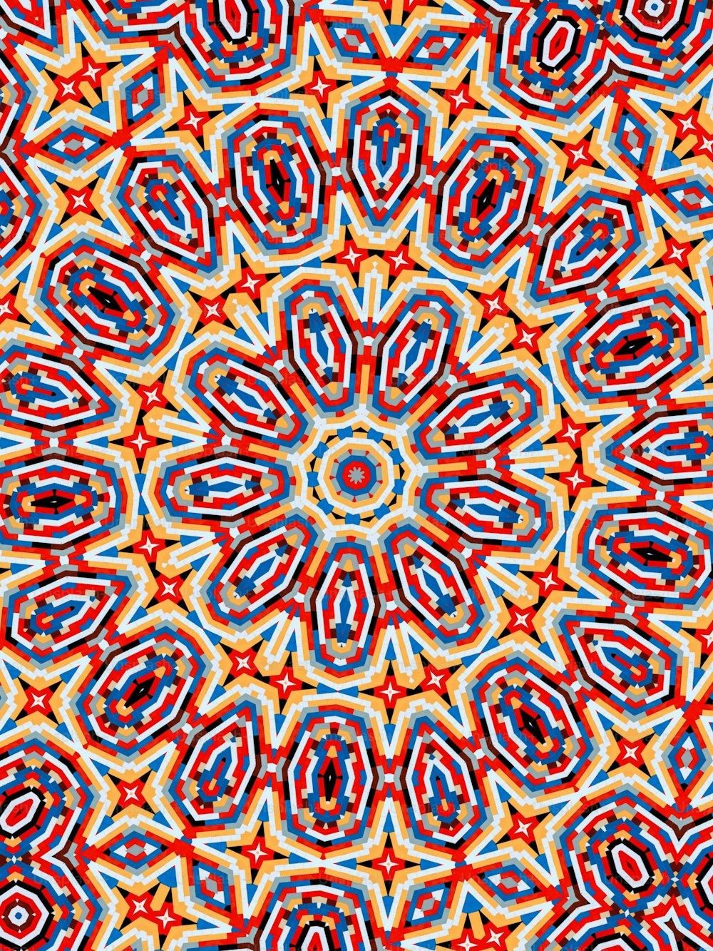 a colorful pattern with a red, white and blue design