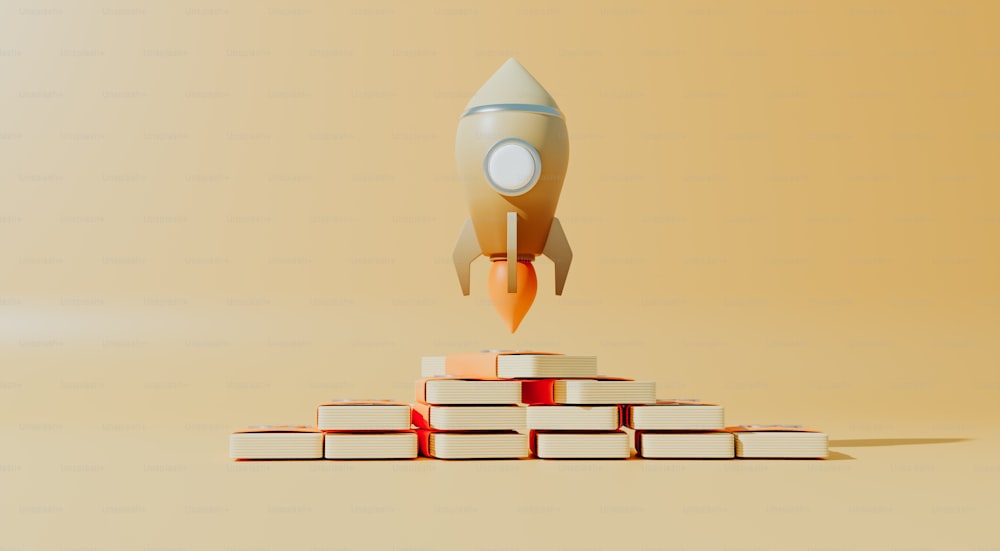 a rocket is flying over a stack of books