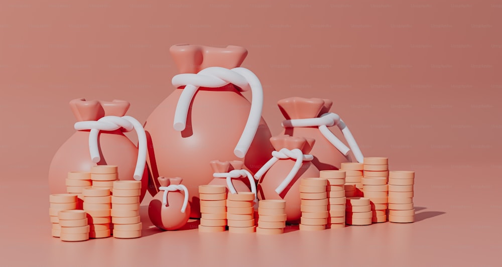 Eine große rosa Vase, die auf einem Haufen Münzen sitzt