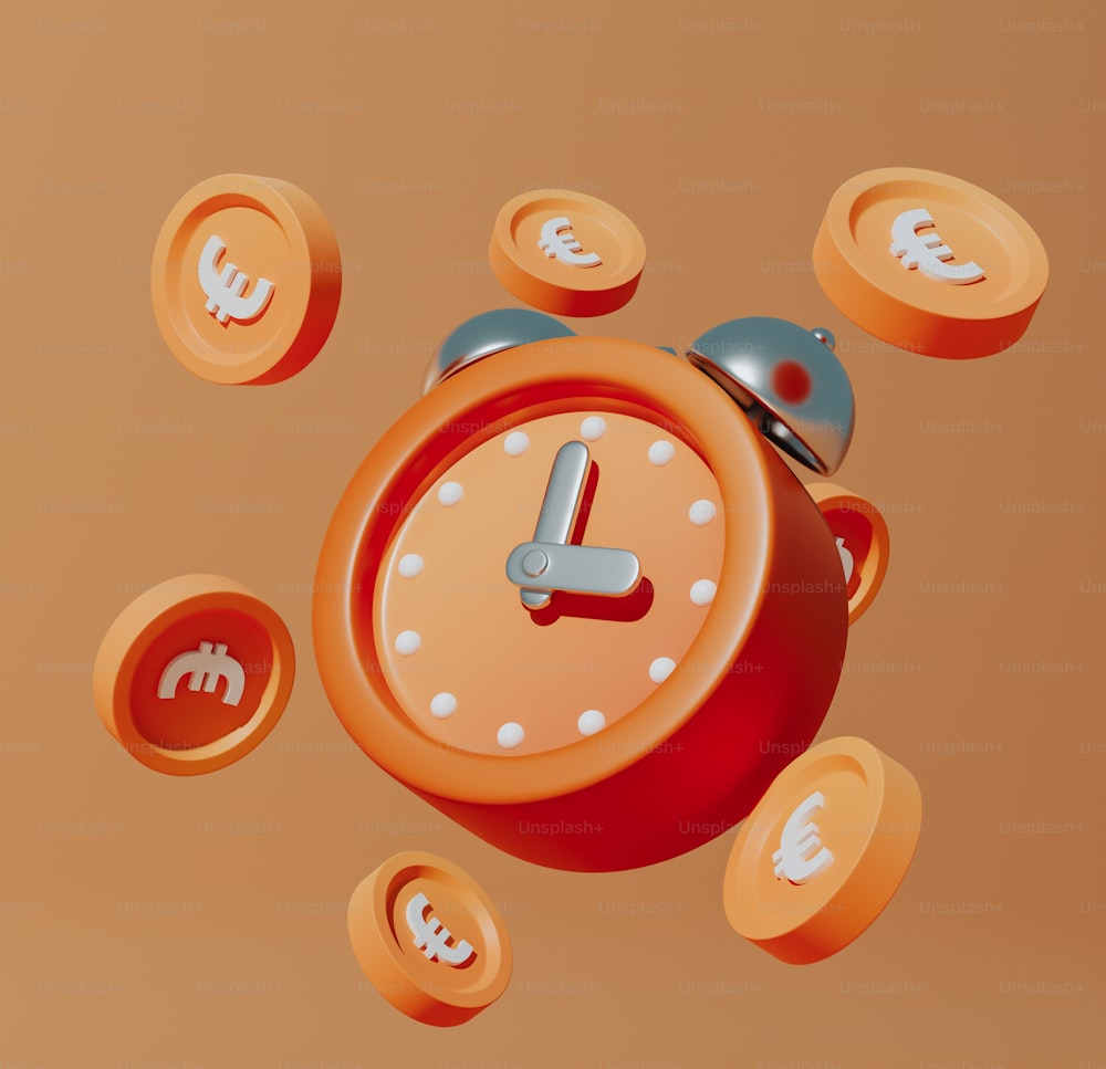 an orange alarm clock surrounded by coins