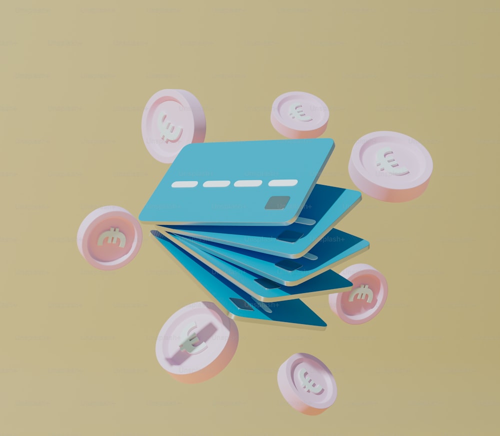 a pile of blue and pink paper with a credit card sticking out of it