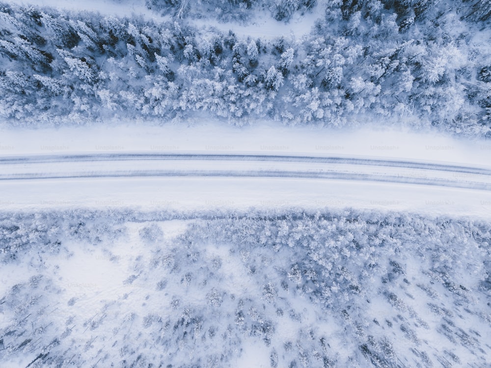 an aerial view of a snow covered forest