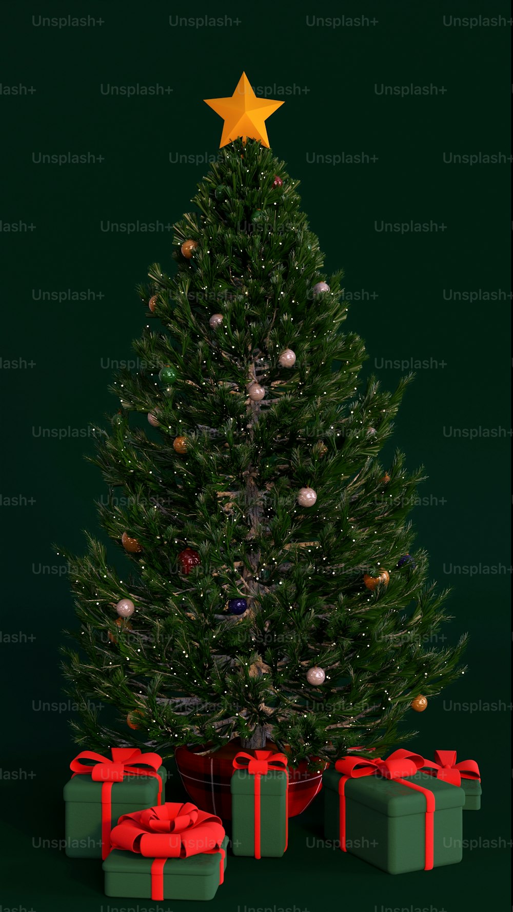 Un árbol de Navidad con regalos debajo y una estrella en la parte superior