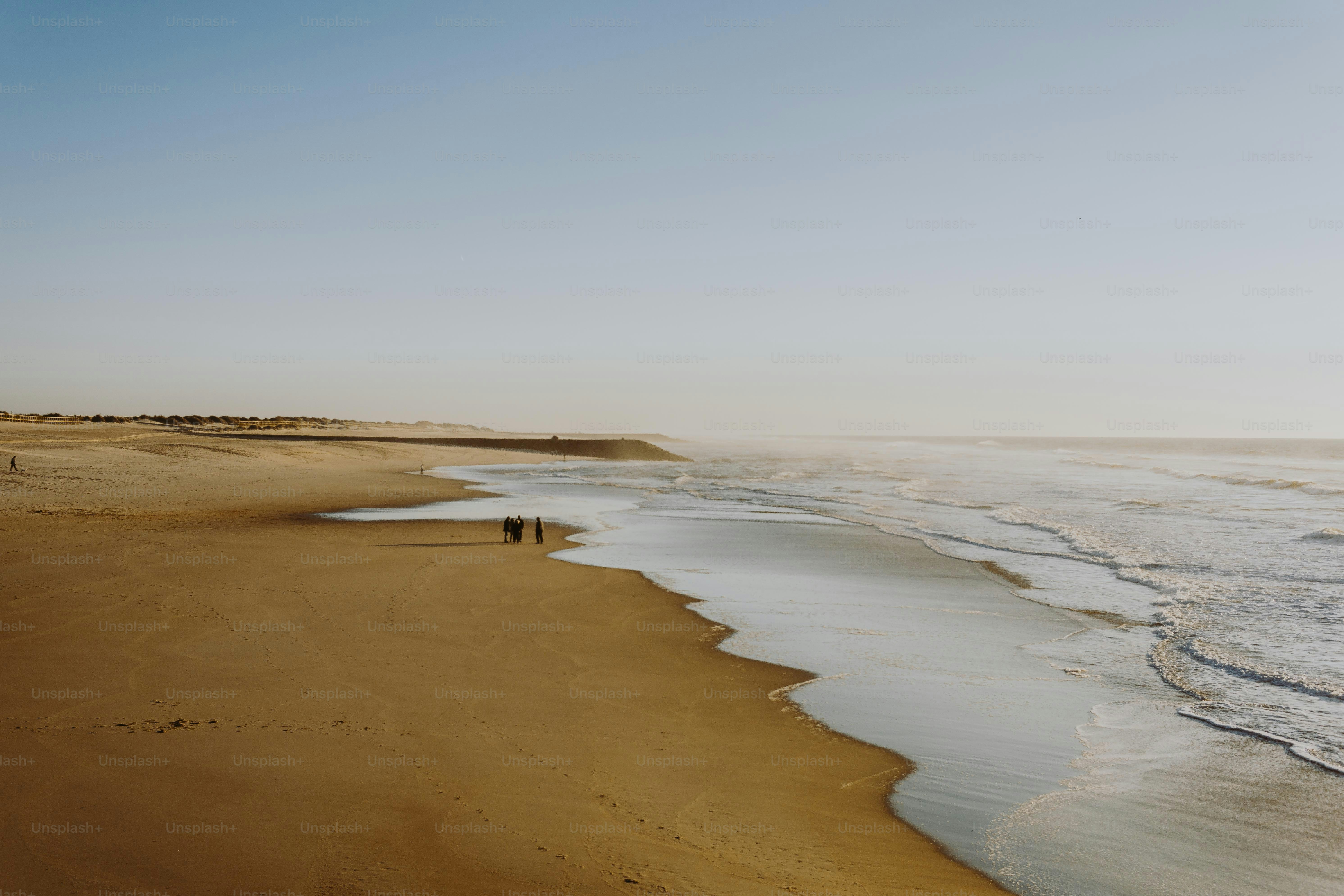 Ein paar Leute, die an einem Strand am Meer entlang spazieren