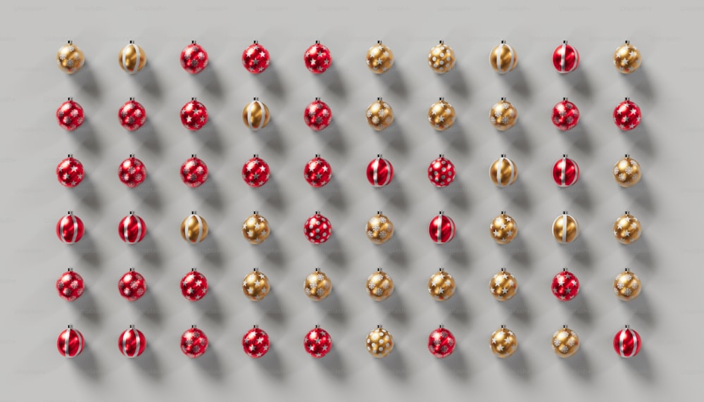 a group of red and gold christmas ornaments