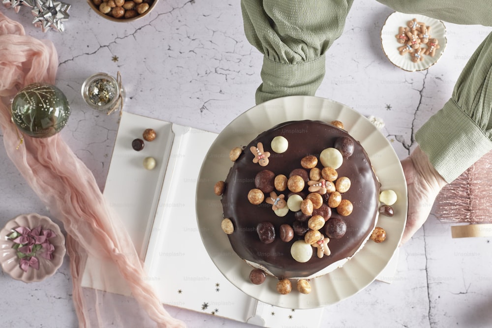 a cake with chocolate and nuts