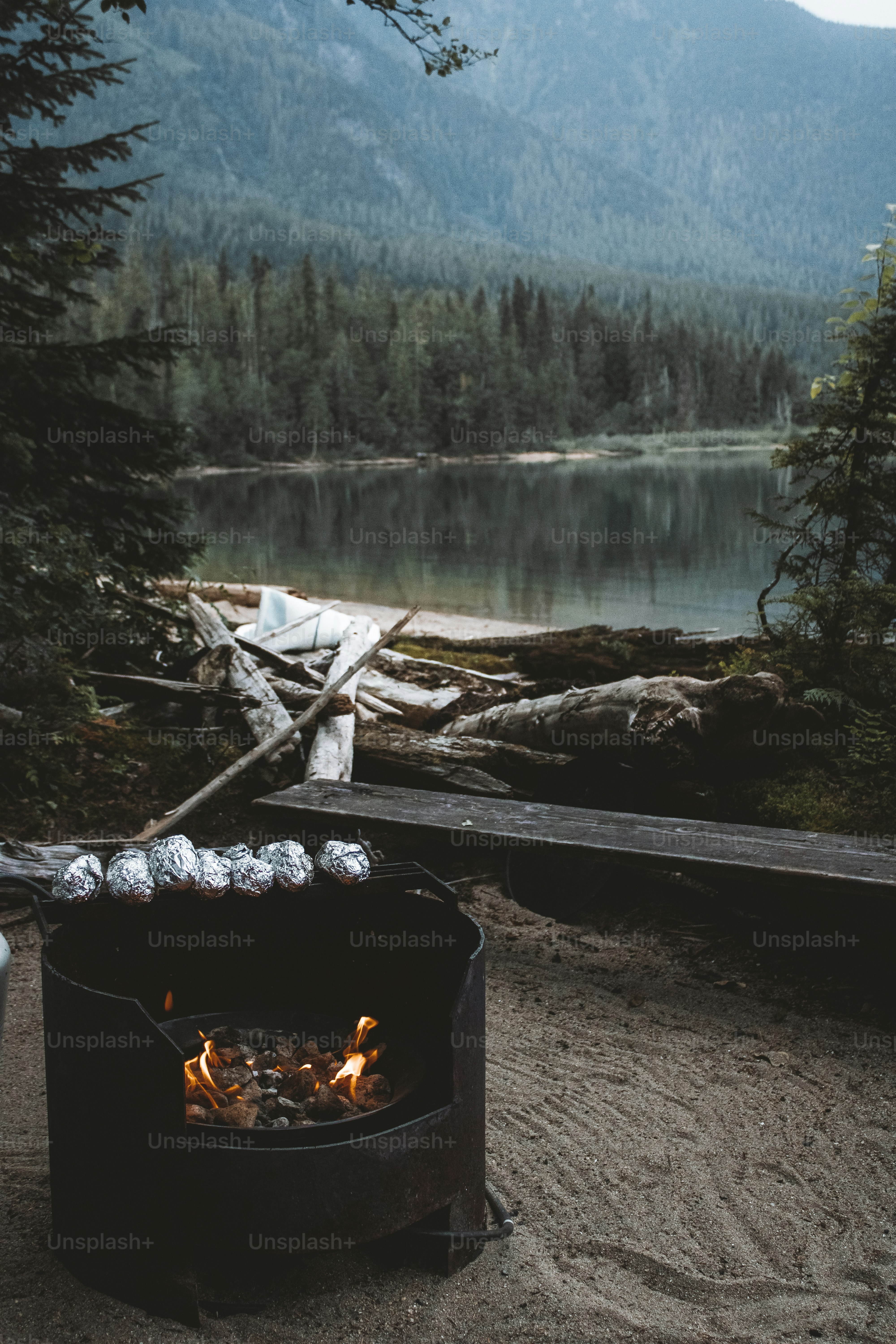 a fire pit with a fire in it by a lake and trees
