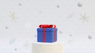 a red and blue gift box with white balls falling from it