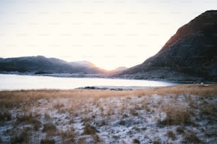 a snowy field with mountains in the background