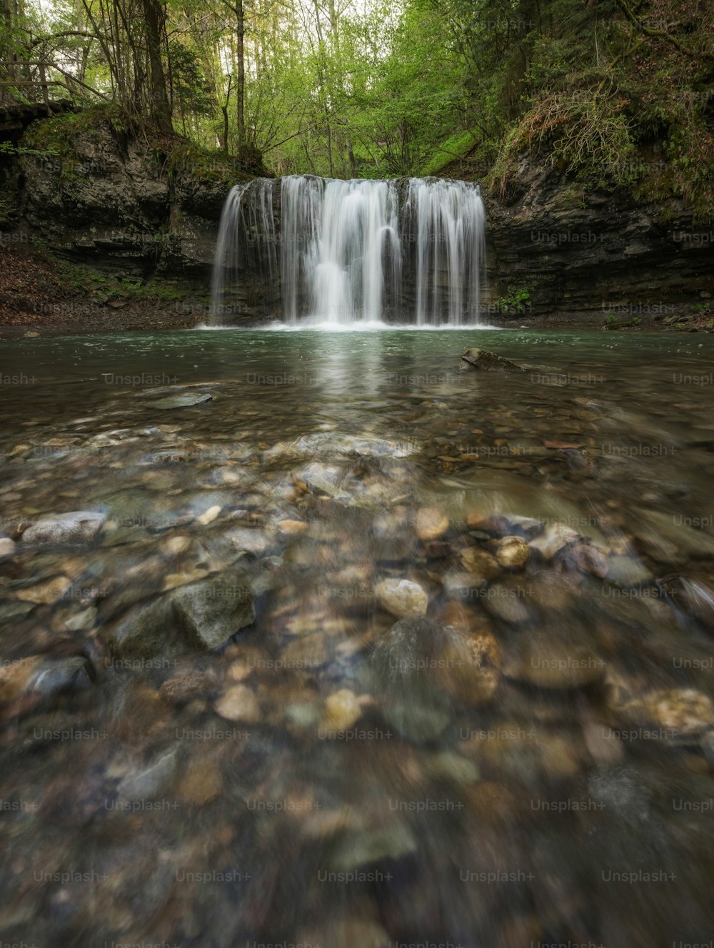 a small waterfall in a forest