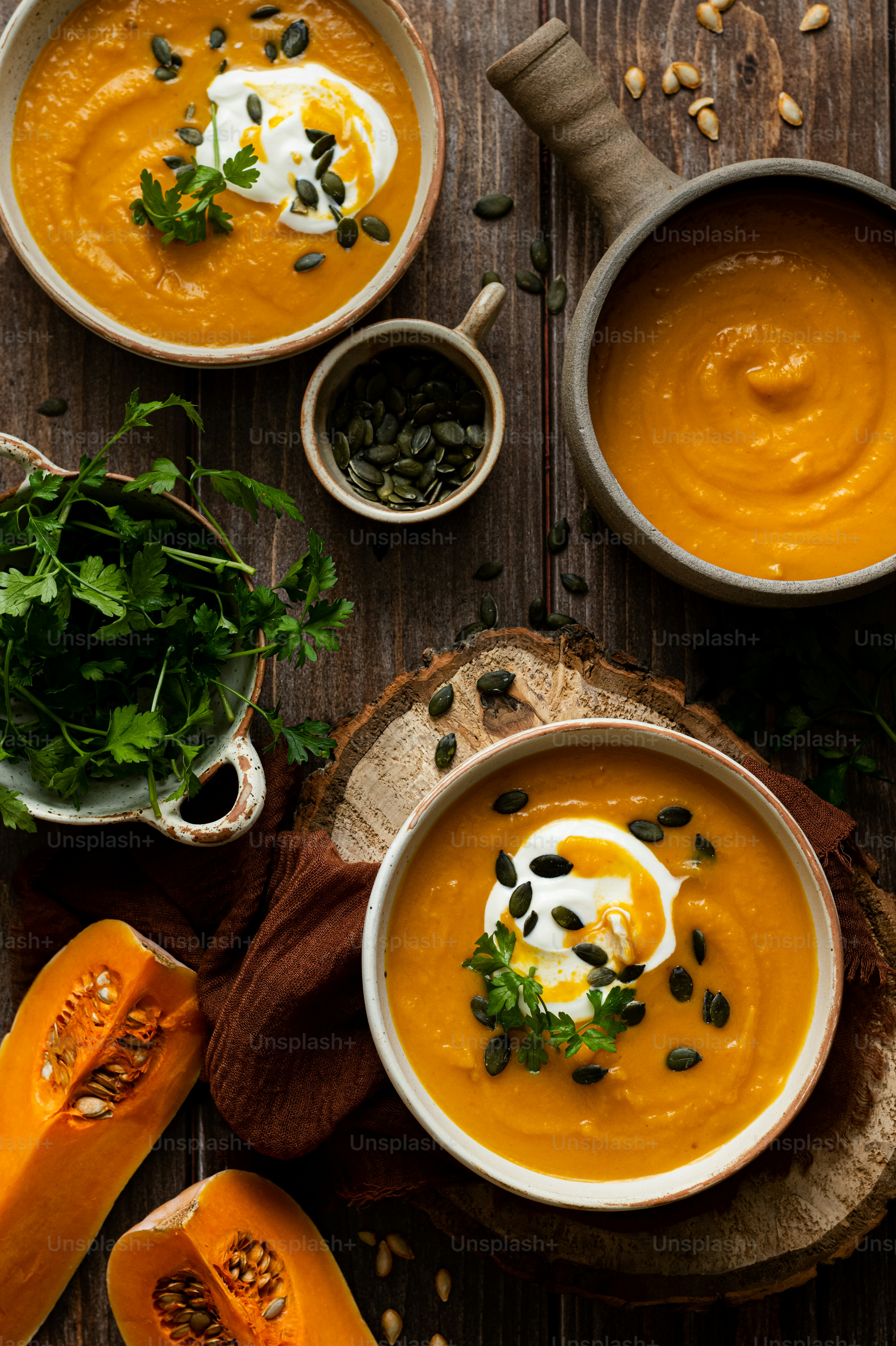 a group of bowls with food in them
