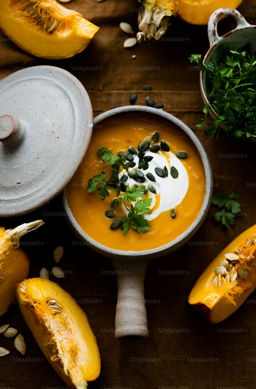 a bowl of soup with a spoon