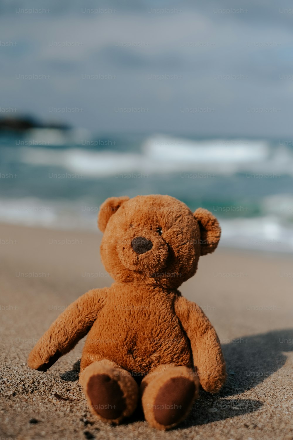 um urso de pelúcia em uma praia