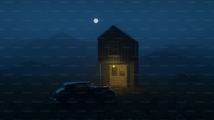 um carro estacionado em frente a uma pequena casa em uma paisagem escura