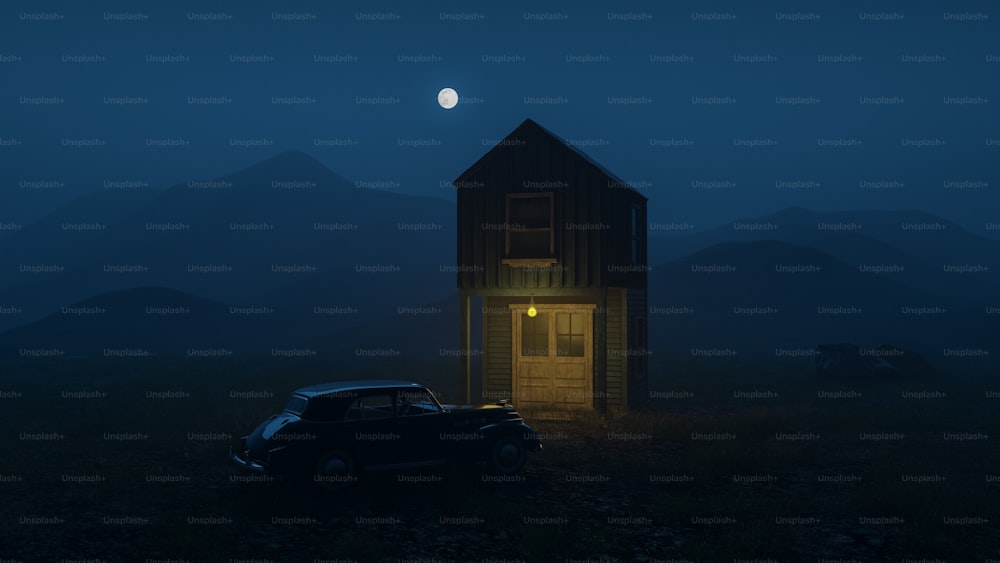 a car parked in front of a small house in a dark landscape