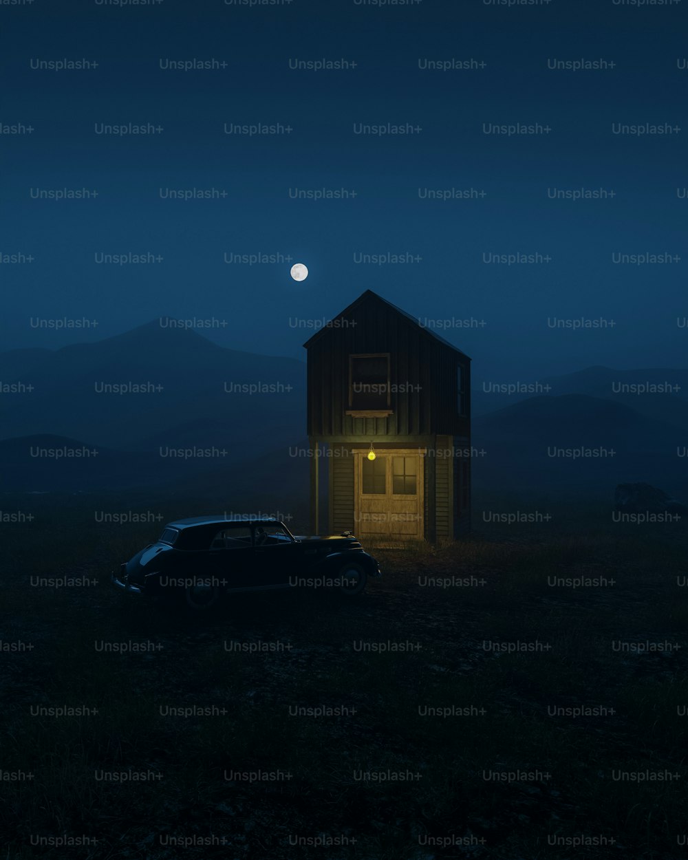 a car parked in front of a small building with a moon in the sky