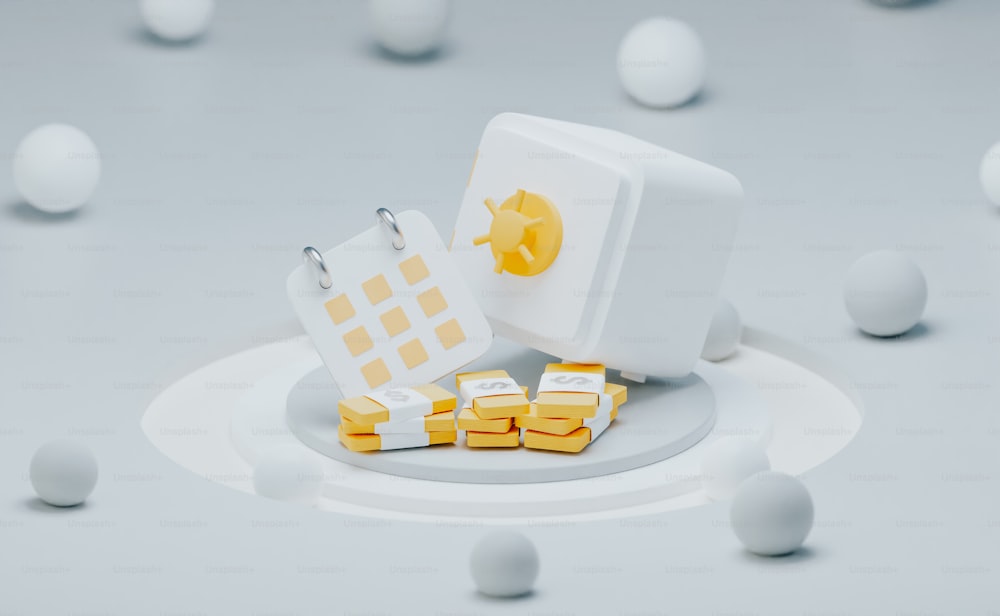 a white cube with yellow and white cubes on it