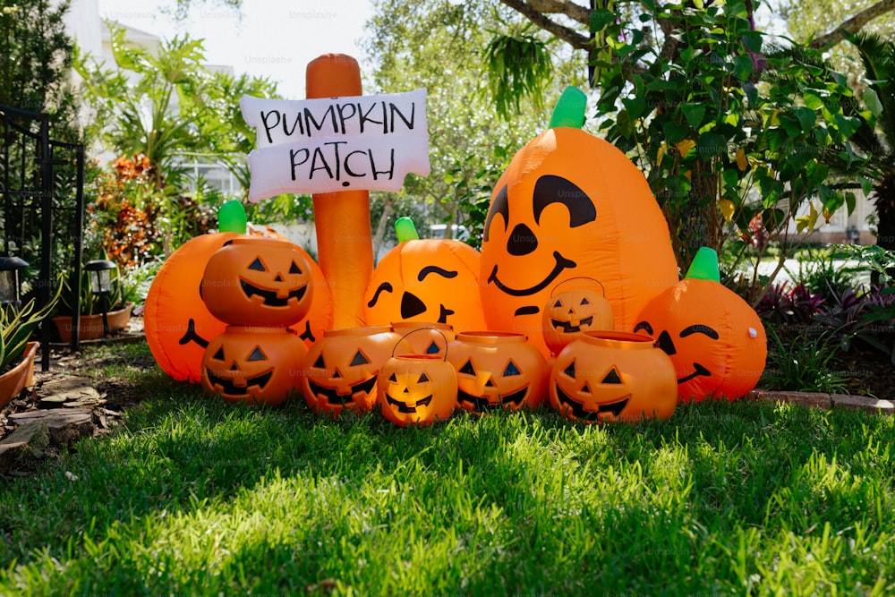 a group of carved pumpkins