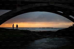 Un couple de personnes debout sous un pont au-dessus d’un plan d’eau