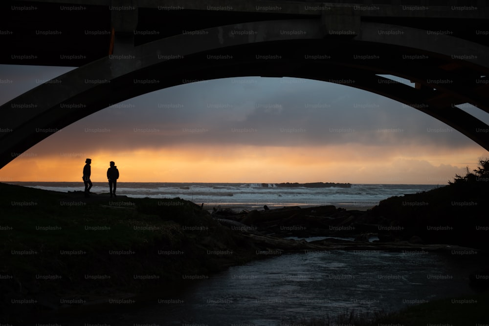 a couple of people standing under a bridge over a body of water