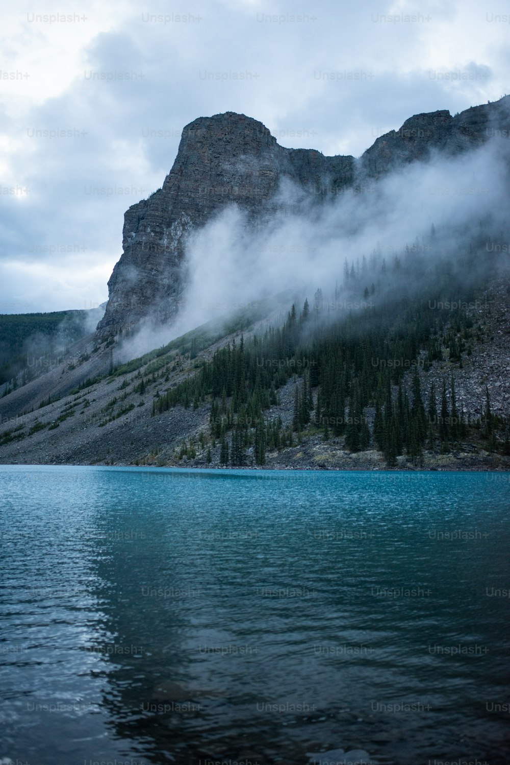 a mountain with trees and water below