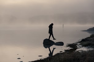 Una persona parada sobre una roca en un cuerpo de agua